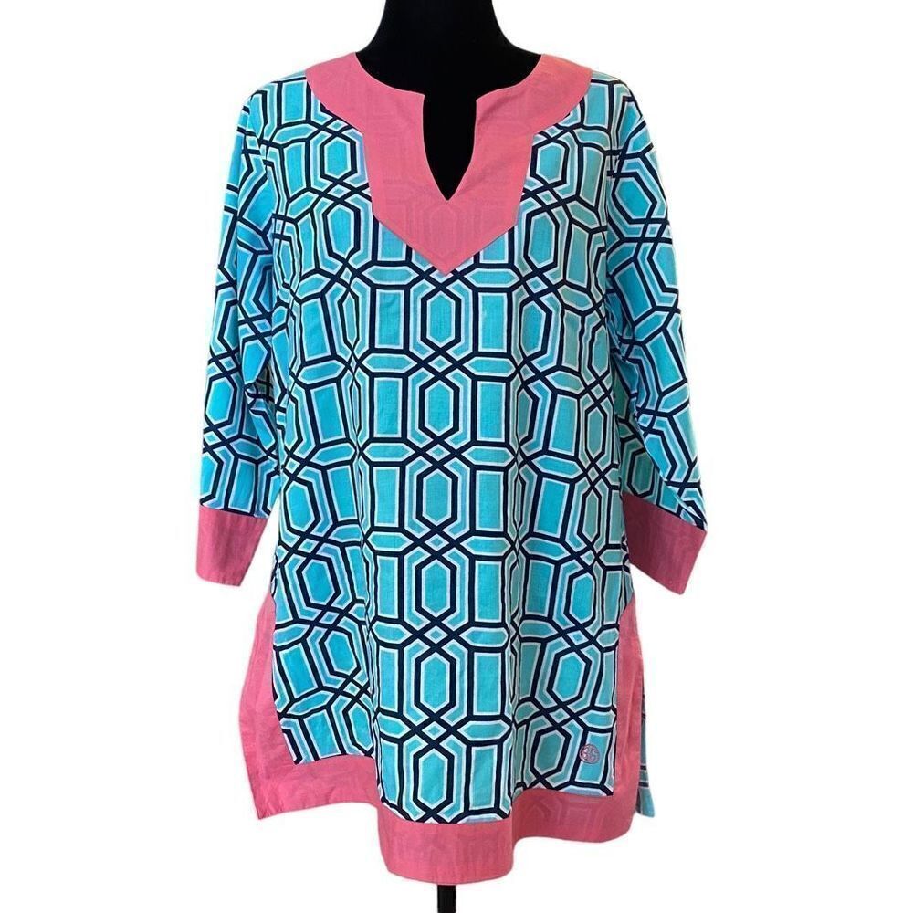 Simply Southern Teal, Navy, and White Tunic with Pink Trim Size Large‎